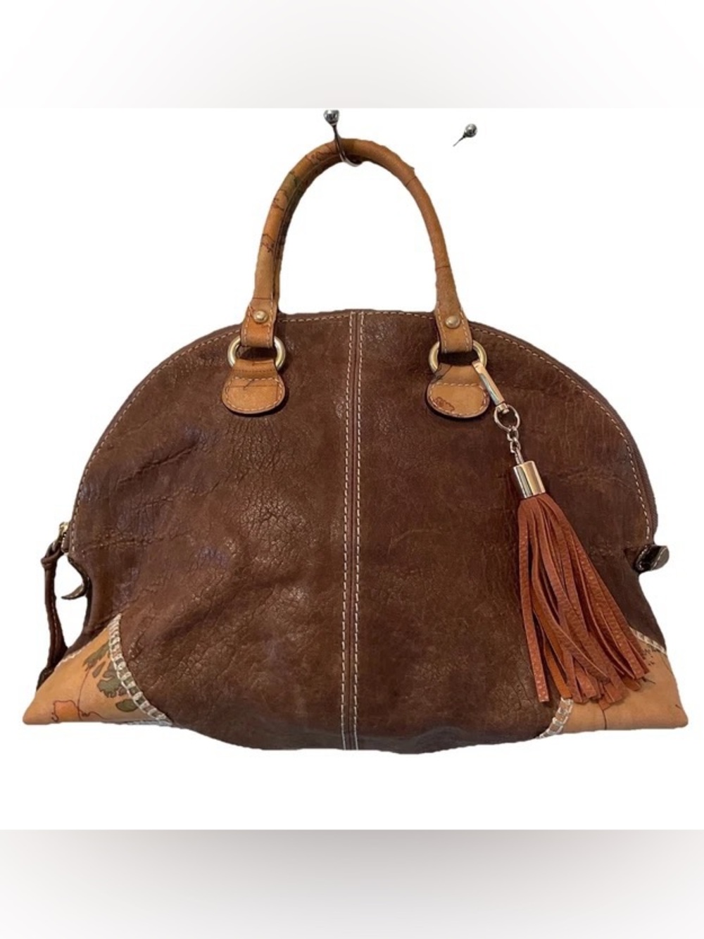 Alviero Martini 1AClasse Brown Leather Dome Satchel Bag Map Trim Made in Italy